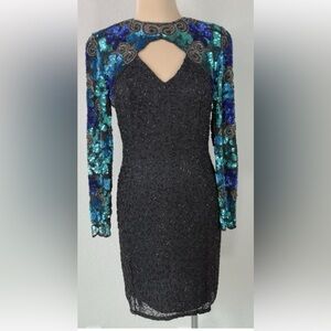 Vintage Scala Floral Teal Sequin Long Sleeve Cocktail Party Sheath Dress S